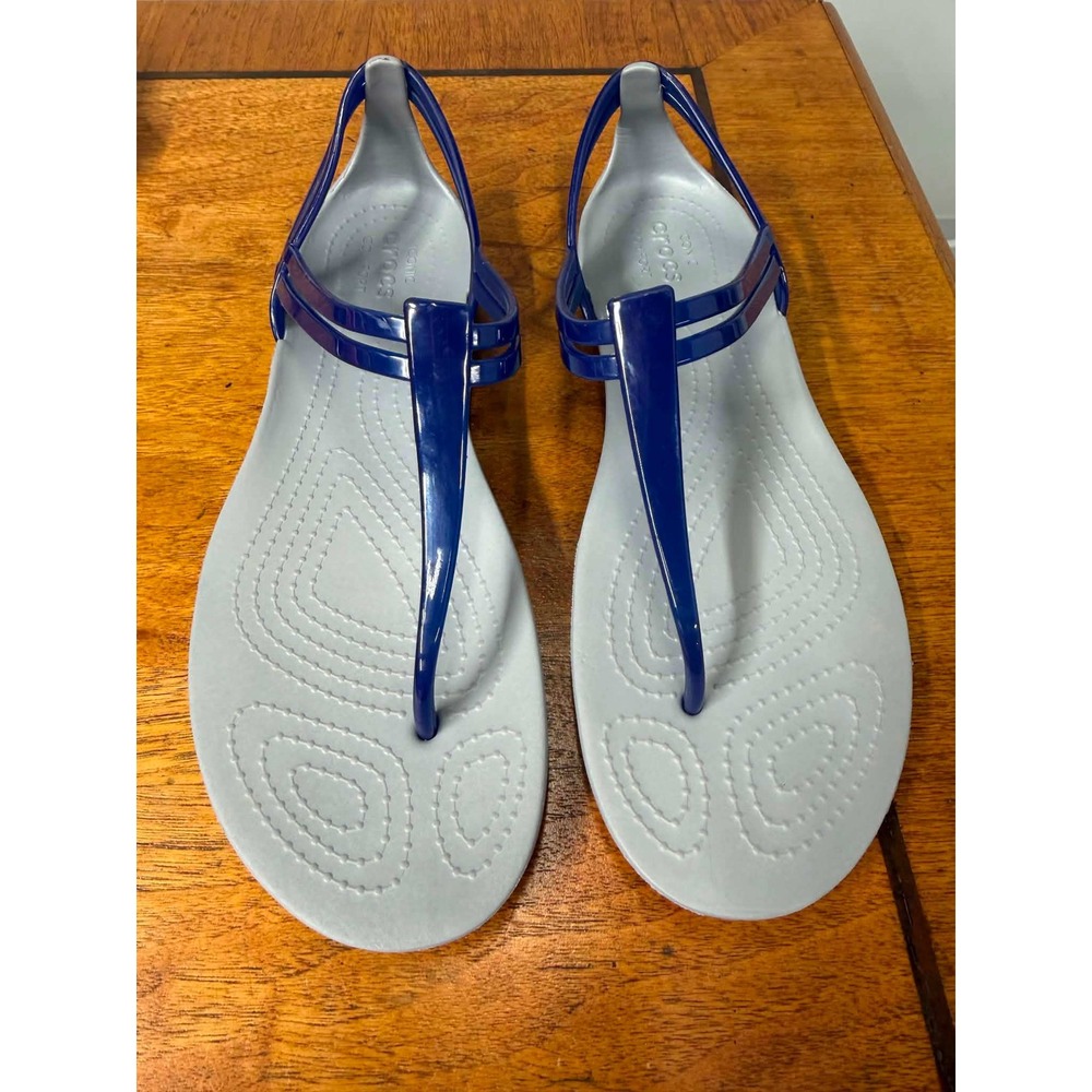 Crocs Isabella T-Strap Sandals Womens 8 Navy Blue Grey Jelly Strappy Flat 202467